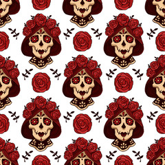 Santa Muerte calavera seamless vector pattern