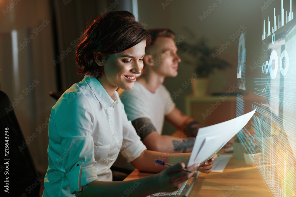Poster Programmers Writing Software For Website On Holographic Screen