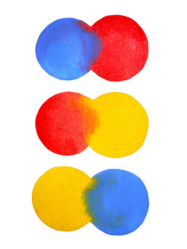 3 primary colors, blue red yellow watercolor painting circle round on white paper texture background