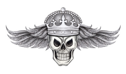 Art Wings mix King Skull Tattoo. Hand pencil drawing on paper.