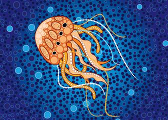 Naklejka premium Tło wektor sztuki Aborygenów przedstawiające meduzę. Ilustracja oparta na aborygeńskim stylu malarstwa punktowego.