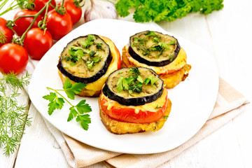 Appetizer of aubergines and cheese on table