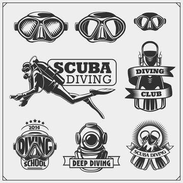 Set of Scuba diving emblems. Underwater swimming and spearfishing labels, logos and design elements.