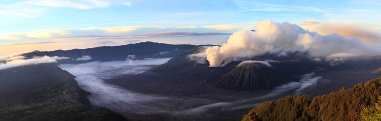 Beautiful Vibrant Bromo volcano at sunrise,Tengger Semeru National Park, East Java, Indonesia,panorama view.
