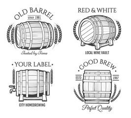 Barrel retro emblems. Vector old barrels kegs logo set, vintage wooden cask labels for wine, crafted beer and whiskey distillery isolated on white