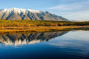 Lake and mountains of Siberia with reflection
