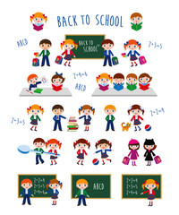 Back to school. Schoolchildren in different situations. Elements for your design. Vector.
