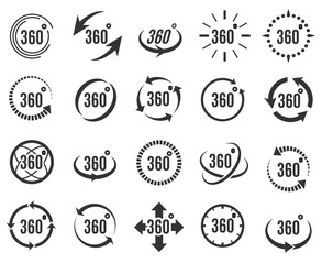 Panoramic 360. Full 360 degree overview icons, panorama signs for vr and virtual video
