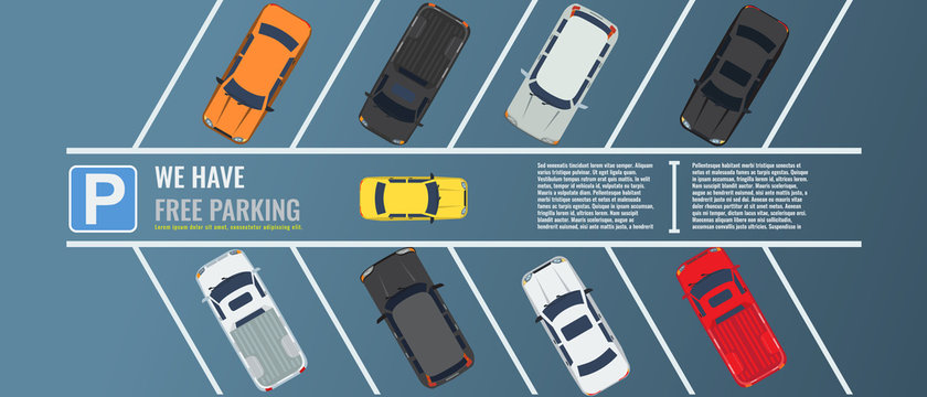 City parking lot with a group of different cars top view. Public car-park. Vector Flat illustration for web or poster banner.