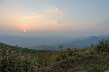 Mountain field during sunset. Beautiful natural landscape, South Thailand