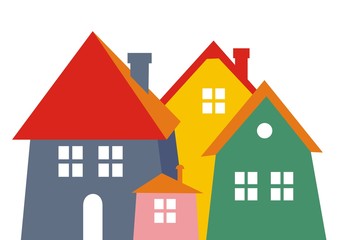 City, colored silhouette. Vector icon. Group of houses with smokestack, windows and door.	