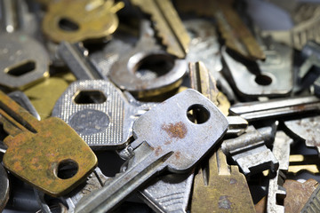 Many keys close-up. Old keys,