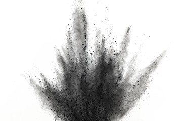 Explosion of black powder isolated on white background. Abstract of powder or clouds splatted.
