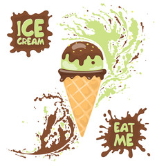 Horn of Pistachio Ice Cream With Nuts and Chocolate. Text: Eat Me and Ice Cream. Colorful Splash Spot.