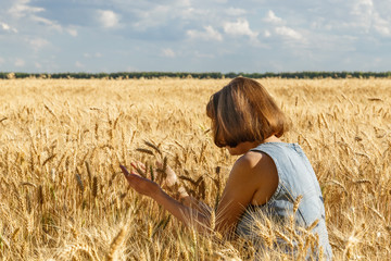 Naklejka na ściany i meble The girl sits on a wheat field and holding ears of wheat. White clouds and blue sky in the background.