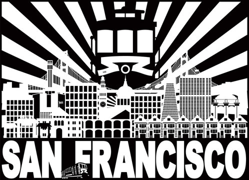 San Francisco Skyline Trolley and Sun Rays with text vector Illustration