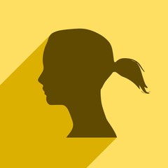 Face side view. Elegant silhouette of a female head. Ponytails hair style. Web icon with long shadow