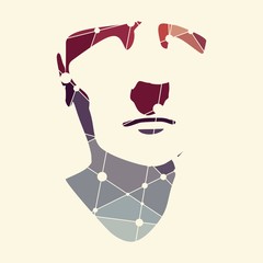 Front view of a man. Male face silhouette or icon textured by lines and dots pattern