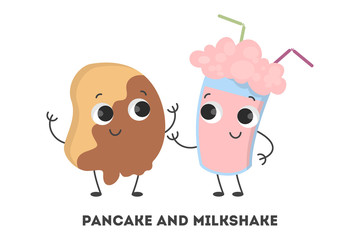 Funny pancake and milkshake standing together