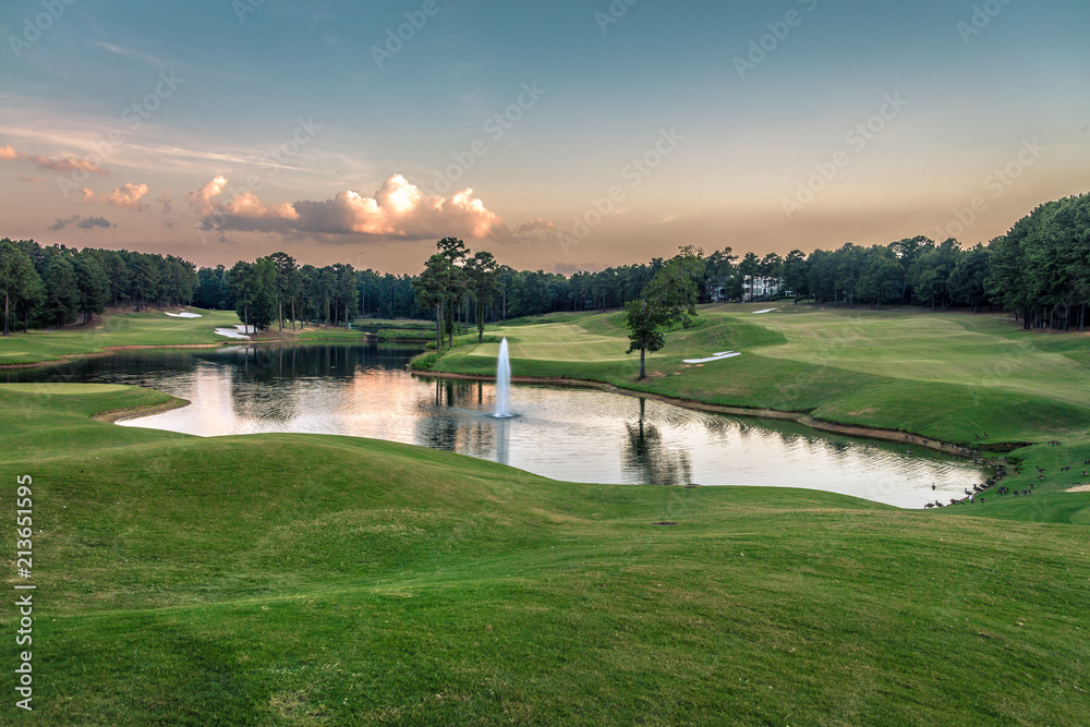 Wall mural golf course with pond and water fountain - Wall murals