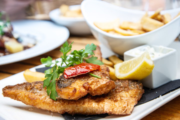 British Traditional fish and chips and tartar sauce