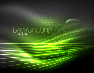 Smooth light effect, straight lines on glowing shiny neon dark background. Energy technology idea