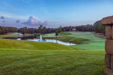 Golf Course with Pond and Water Fountain