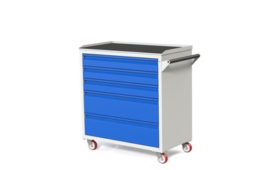 Metal tool cabinet on wheels with drawers. A convenient place for storing tools and spare parts. Metal furniture.  3D-model rendering of the table for shooting from above.