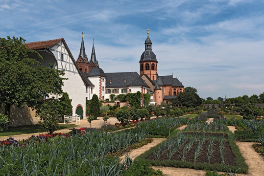 Ancient monastery Seligenstadt, historic baroque building Basilika Saint Marcellinus and Petrus