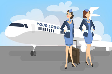 Stewardesses standing in front of the airplane