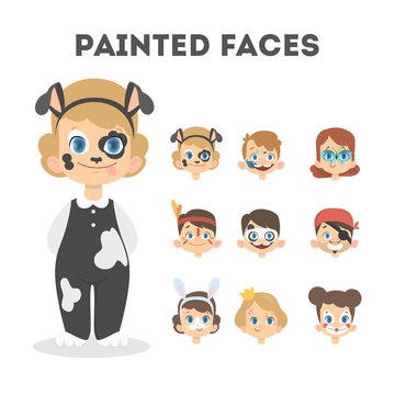 Set of happy children portraits with painted faces