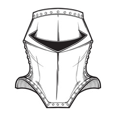 Late Medieval European helmet tipically worn by mounted knights at war. Front view. Heraldry element. Black a nd white drawing isolated on white background. EPS10 vector illustration
