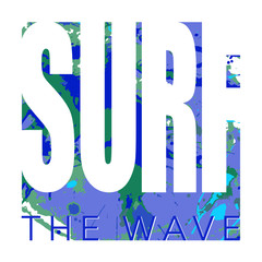 Surfing logo with sign and textured background with watercolor spots and splashes. EPS 10 vector illustration