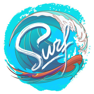 Surfing logo with stylised handwritten sign and colourful ocean wave placed on the textured spot. EPS 10 vector illustration