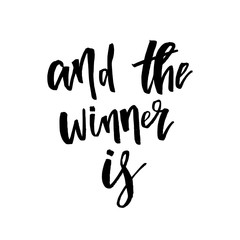 And the Winner Is, Giveaway Lettering text. Typography for promotion in social media isolated on white background. Free gift raffle, win a freebies. Vector advertising.