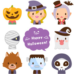 ハロウィンのかわいいモンスター　ハッピーハロウィン　顔　フラットアイコン　セット	