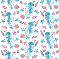 Watercolor pattern with Jellyfish and Sea shells