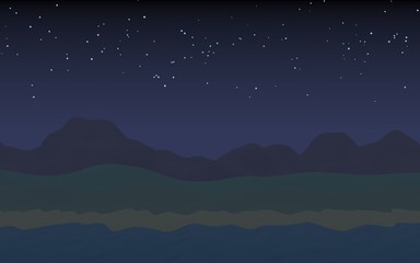 Naklejka premium Starry moonless sky. Ocean shore line with waves on a beach. Island beach paradise with waves. Vacation, summer, relaxation. Seascape, seashore. Minimalist landscape, primitivism. 3D illustration