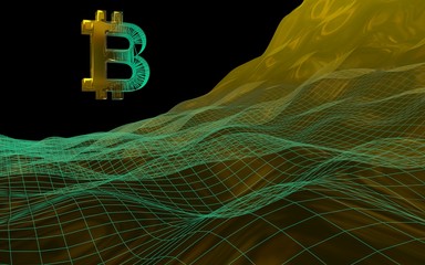 Digital currency, golden symbol Bitcoin on abstract dark background. Growth of the cryptocurrency market. Business, finance and technology concept. 3D illustration