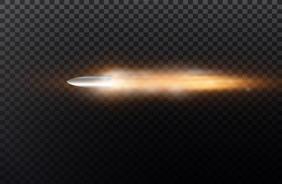 Flying bullet with dust trail. Isolated on black transparent background. Vector illustration
