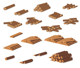 Wooden logs. Brown bark of felled dry wood. Purchase for construction. Vector illustration. A set of wooden straps for wood, an illustration of the industry of wood materials. Wood boards