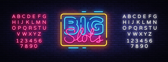 Big Slots sign vector design template. Casino neon logo, light banner design element colorful modern design trend, night bright advertising, bright sign. Vector. Editing text neon sign