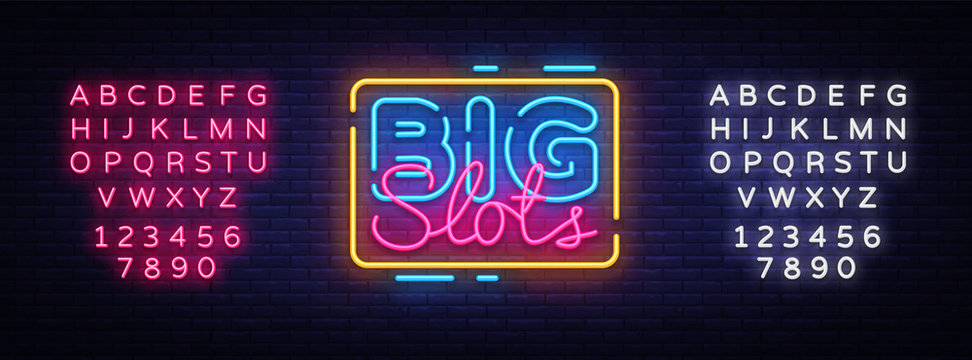Big Slots sign vector design template. Casino neon logo, light banner design element colorful modern design trend, night bright advertising, bright sign. Vector. Editing text neon sign