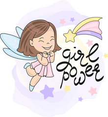 FAIRY FLY STAR GIRL AND LETTERING Color Vector Illustration Set for Scrapbooking and Digital Print on Card And Photo Children’s Albums