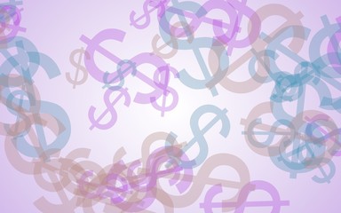 Multicolored translucent dollar signs on white background. Red tones. 3D illustration