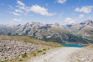 Naklejka premium Silvaplana, Corvatsch, Wanderweg, Silvaplanersee, Bergsee, Julierpass, Piz Julier, Piz Albana, Piz Nair, Corviglia, Alpen, Oberengadin, Graubünden, Sommer, Schweiz