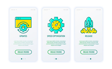 App development thin line icons: updates, speed optimization, release. Modern vector illustration for user mobile app