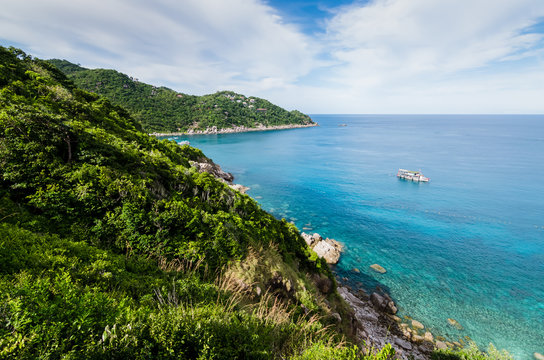 the diving boat on beautiful aow leuk bay in koh tao, thailand
