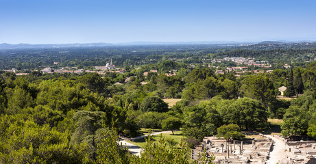 Fototapeta na wymiar View of Saint Remy from the Roman city of Glanum. Saint Remy de Provence, Bouches du Rhone, Provence, France