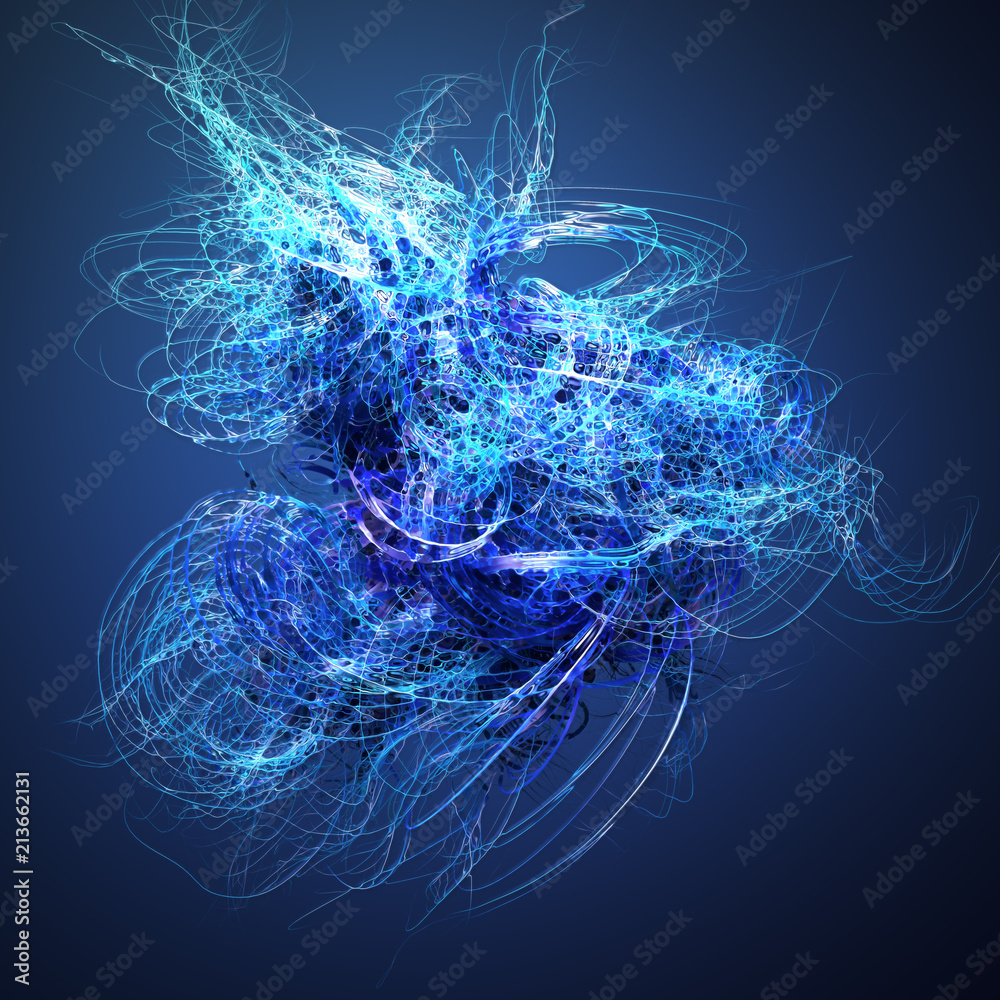 Fototapete curl noise flow abstract blue lines. 3d rendering